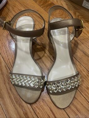 Ralph Lauren Metallic Gold Beaded Ankle-Strap Sandals